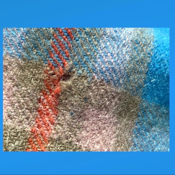 Vintage Wool Blanket Plaid Modern Farmhouse Throw Fringed Blue & Orange - Picture 8 of 9